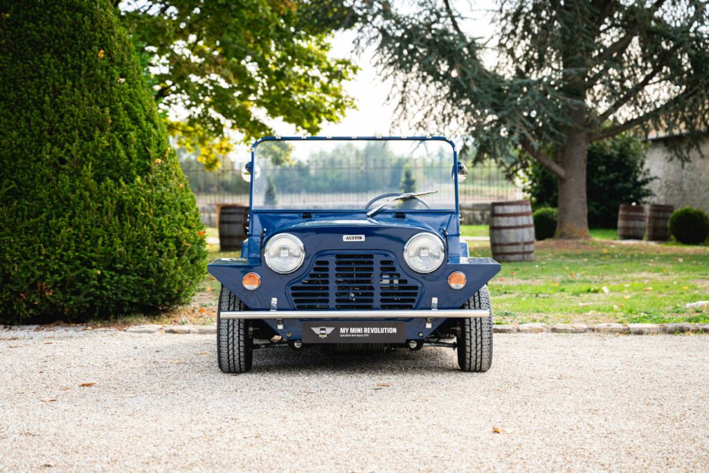 1968 Austin Mini Moke MK2 Blue for sale, collector's item, fully restored, Paris, France. Showroom: Houdan Bazainville, USA. Classics Mini, My Mini Revolution