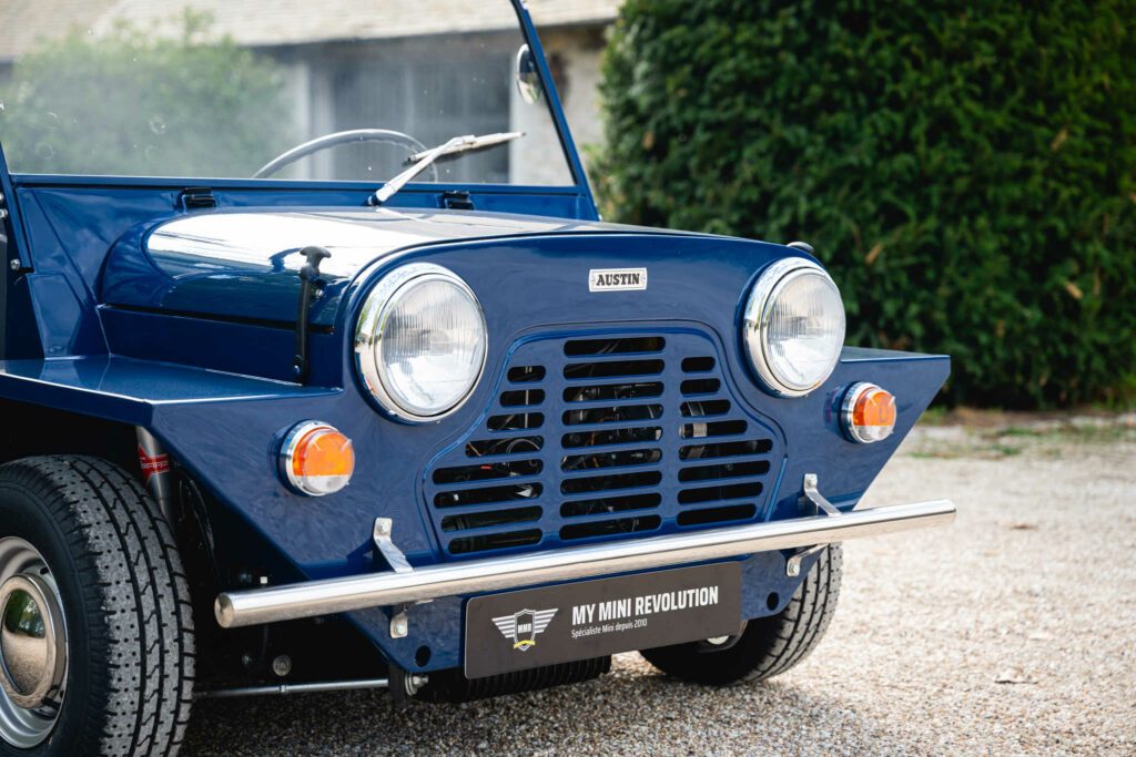 1968 Austin Mini Moke MK2 Blue for sale, collector's item, fully restored, Paris, France. Showroom: Houdan Bazainville, USA. Classics Mini, My Mini Revolution